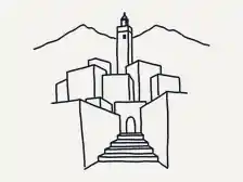 Line drawing of the Chefchaouen medina climbing toward the Rif