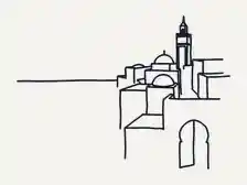 Line drawing of the hilltop village of Sidi Bou Saïd and its minaret
