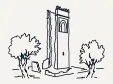 Line drawing of an old stone minaret among olive trees in Tlemcen