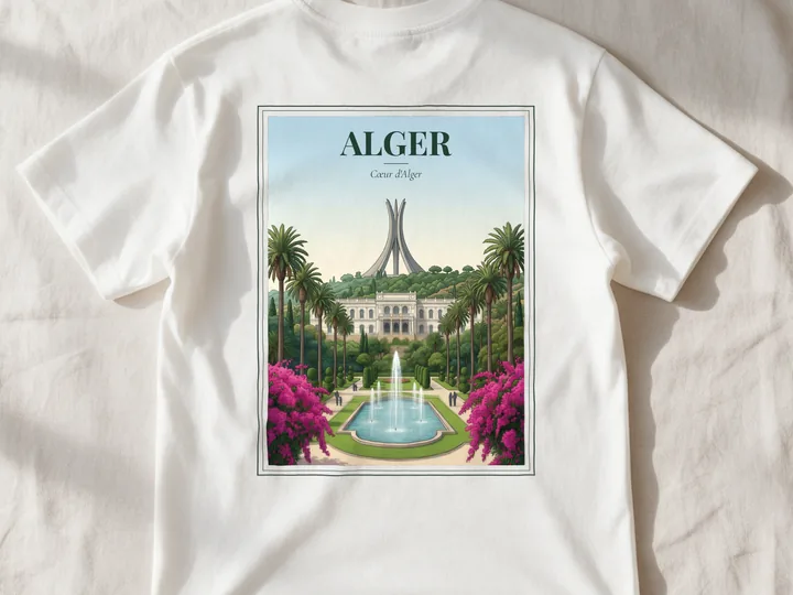 White Alger t-shirt, Cœur d’Alger, seen from the back and laid flat on a linen sheet. The poster shows the Maqam Echahid.